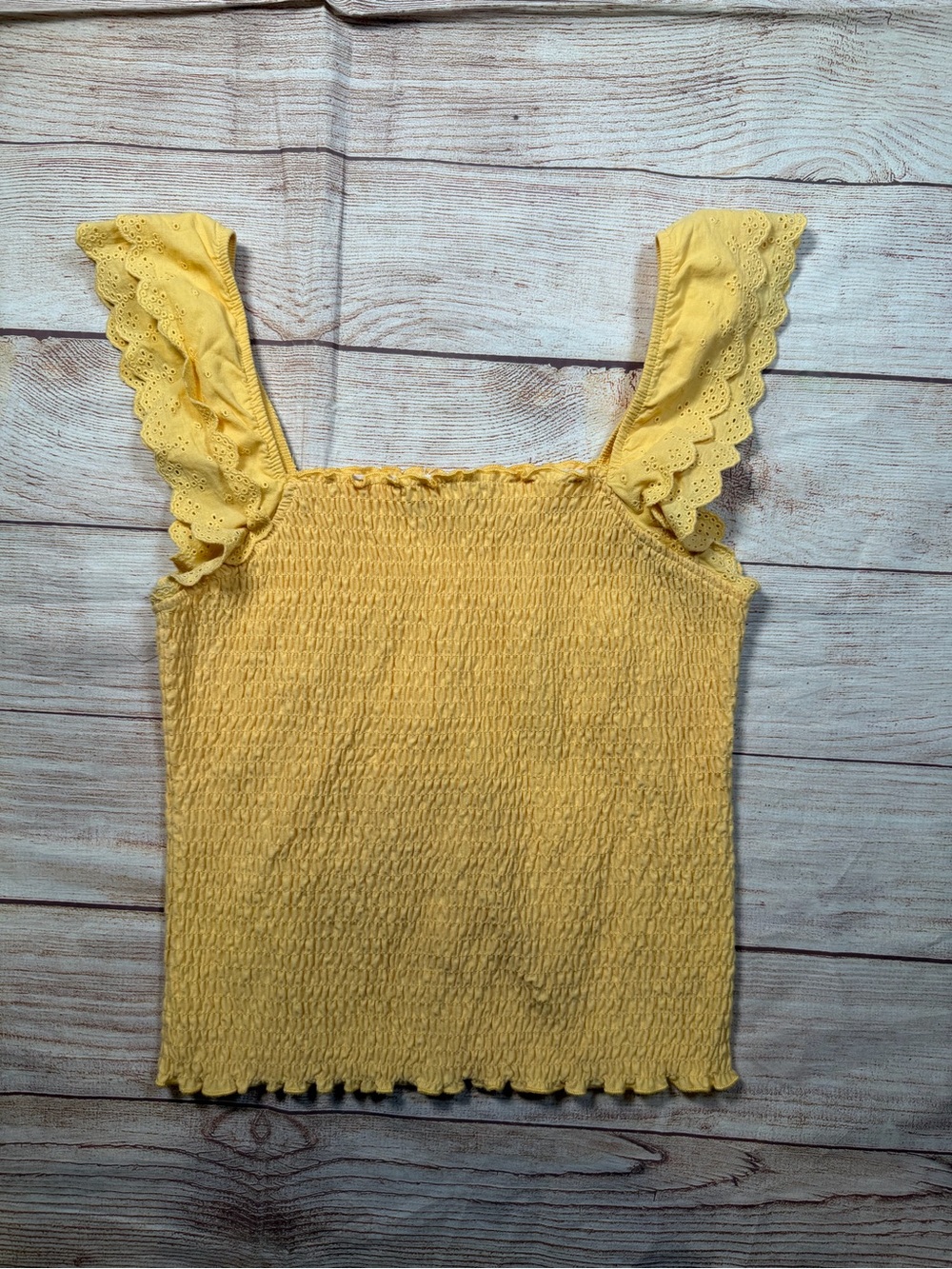 Butter Yellow Smocked Ruffle Flutter Sleeve with Eyelets Boho Tank Top - Women